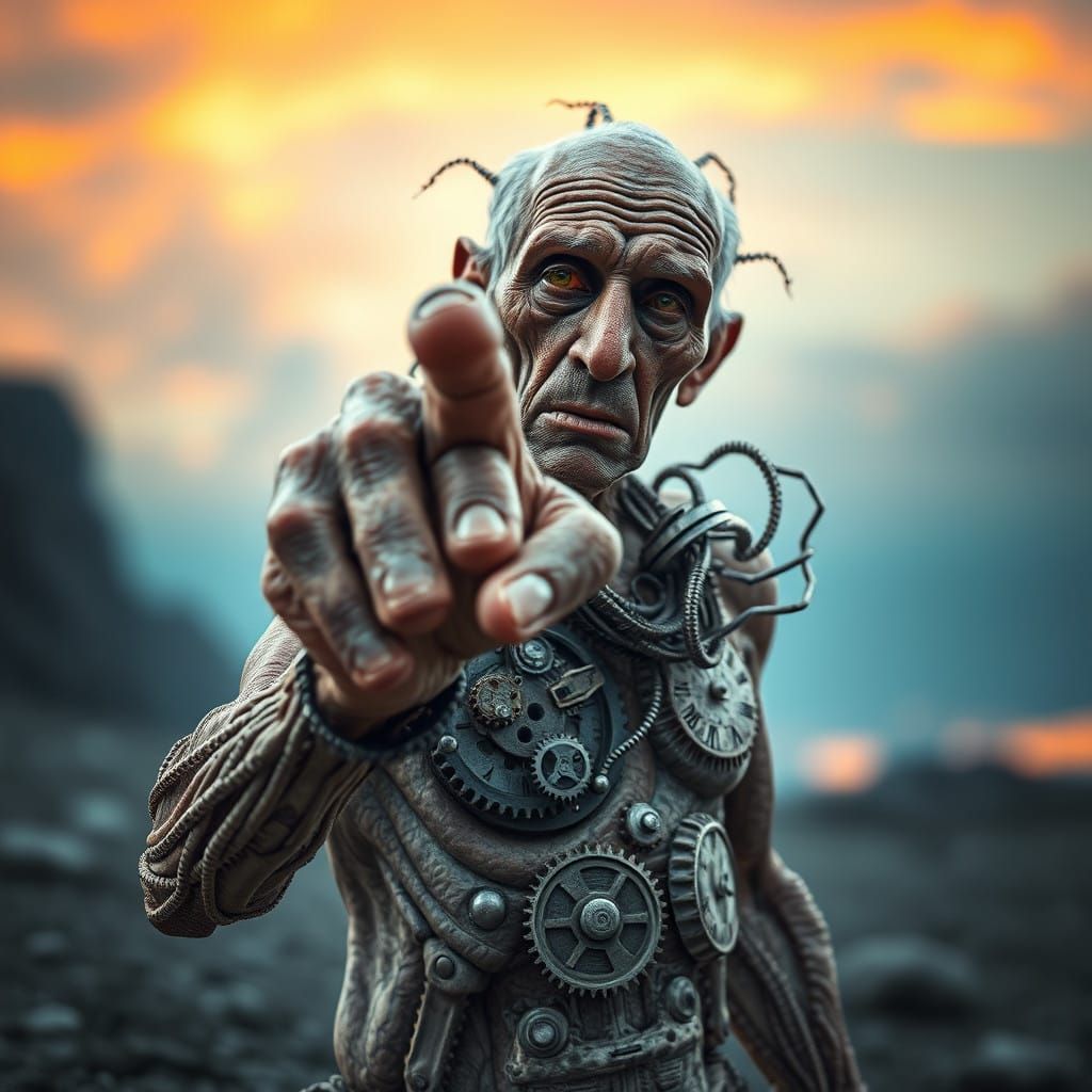 Frail Elderly Man with Steampunk Clockwork Body Points Accus...
