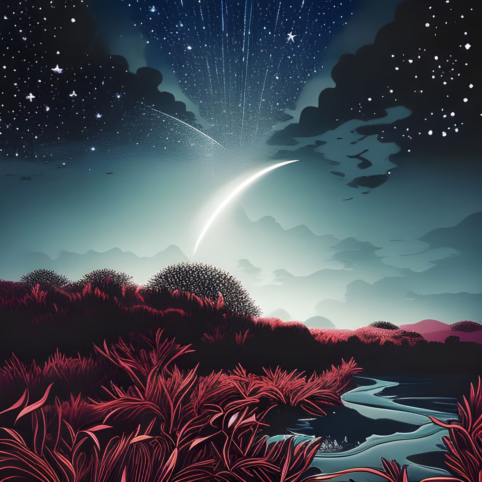 Magical Star Shower Under Night Moon Illustration