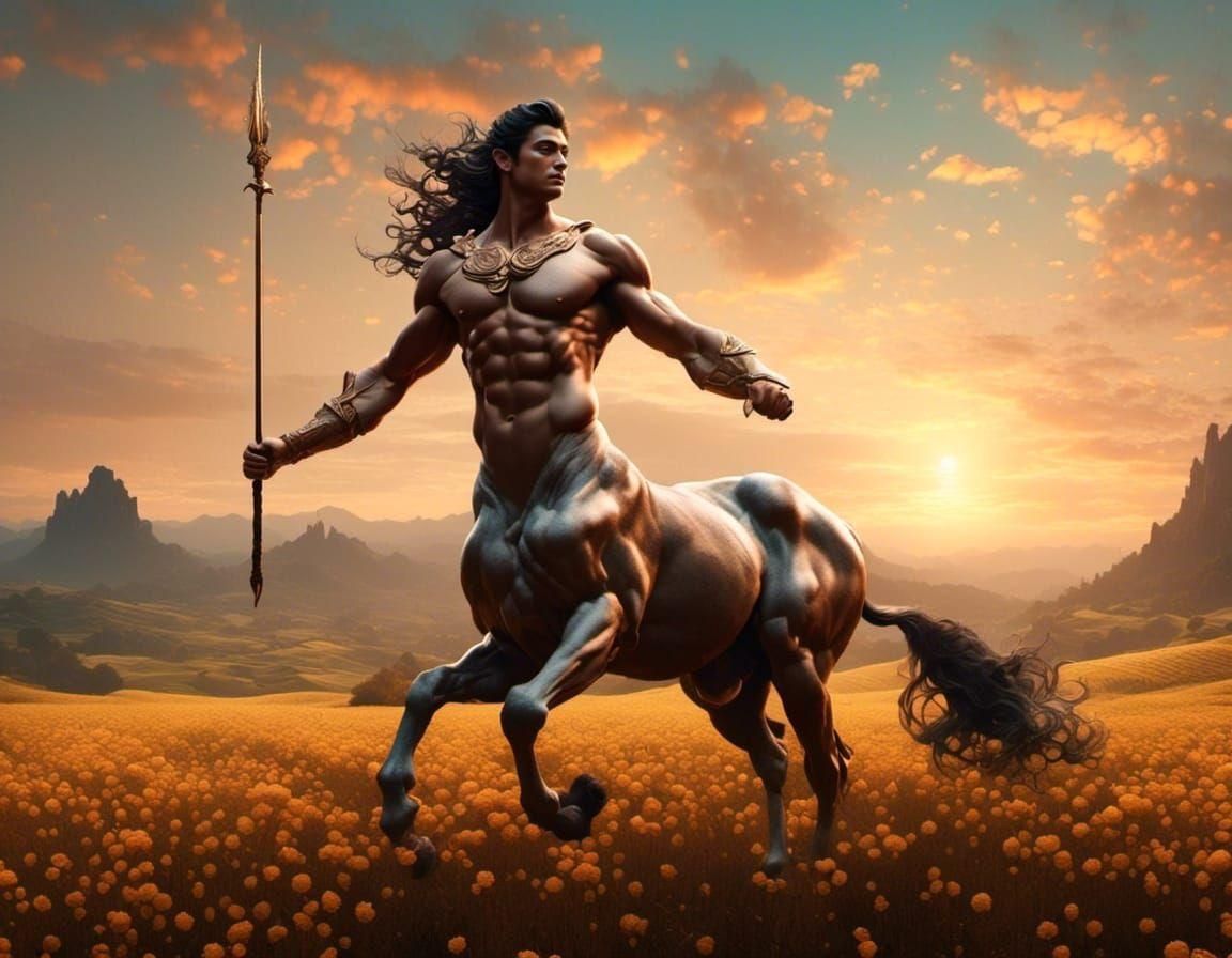 Hyperrealistic Centaur Portrait in Sunrise Field