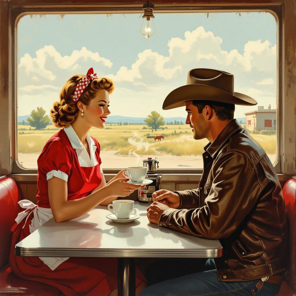 1950s Waitress Serves Cowboy in Texas Diner