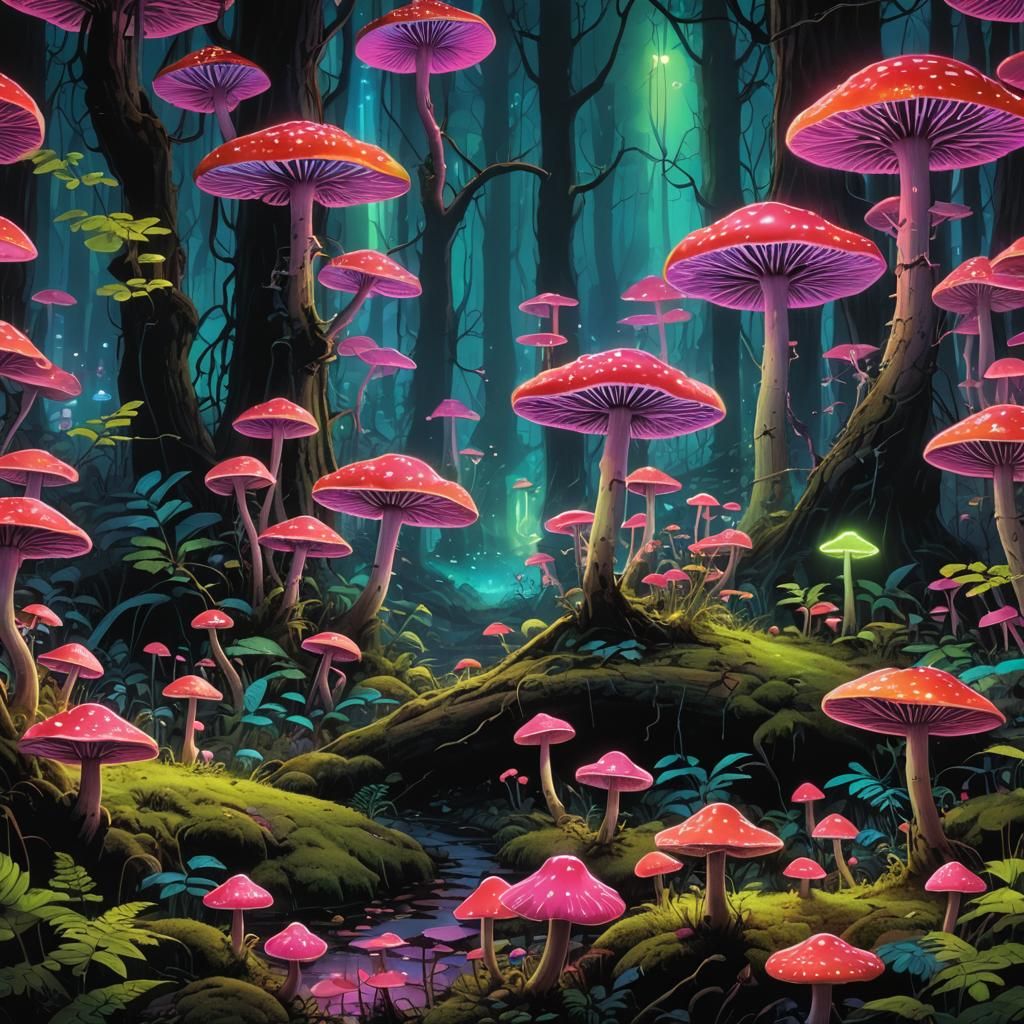 Glowing Mushrooms Light a Dark Forest in Fantasy Art