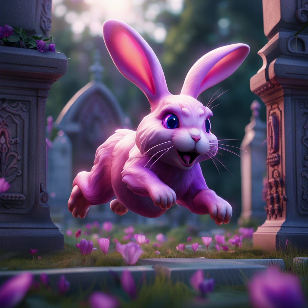 Pink Haired Bunny Hops Through Cemetery