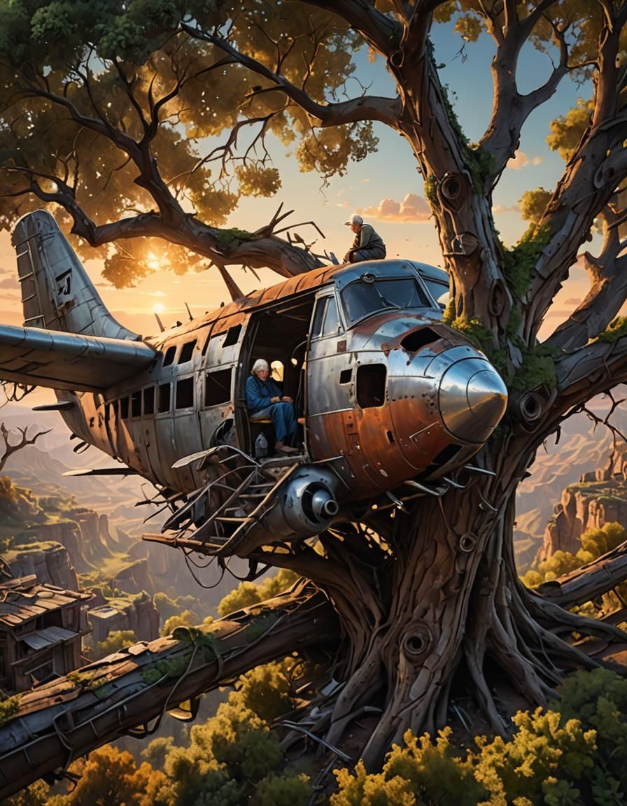 Hyperrealistic Old Man in Crashed Plane Treehouse