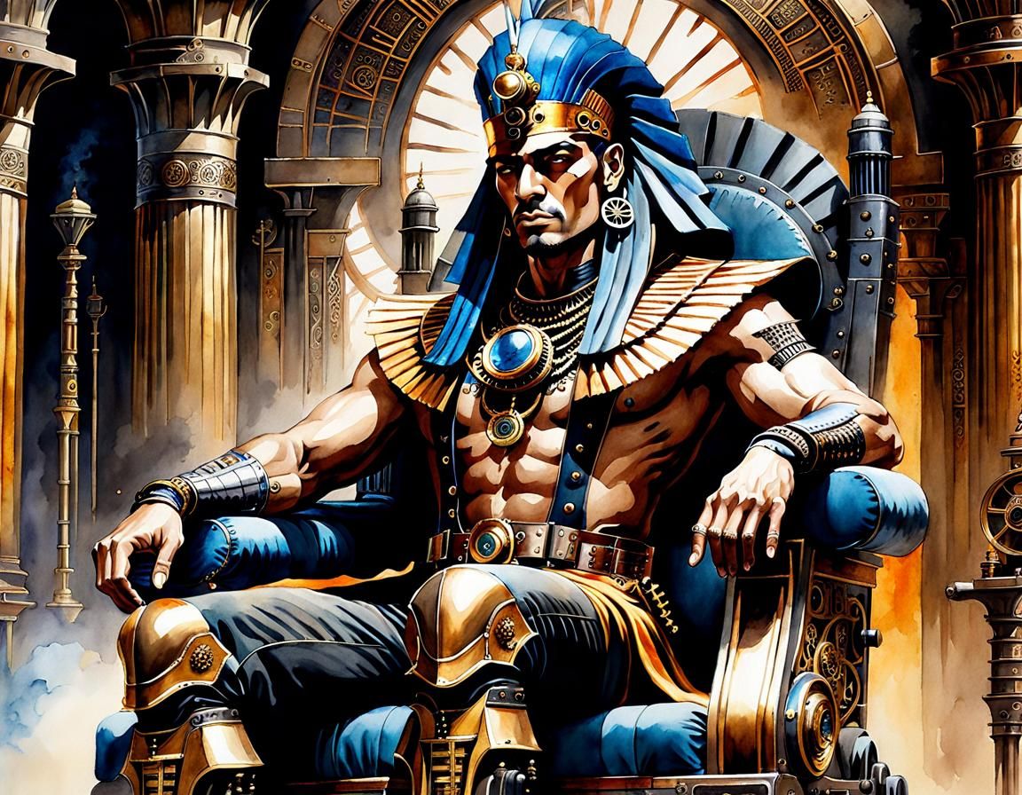 Steampunk Pharaoh on Throne in Watercolor Style