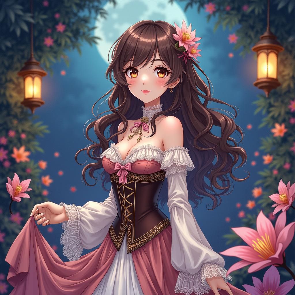 Elegant Anime Girl in Moonlit Garden, Watercolor Style