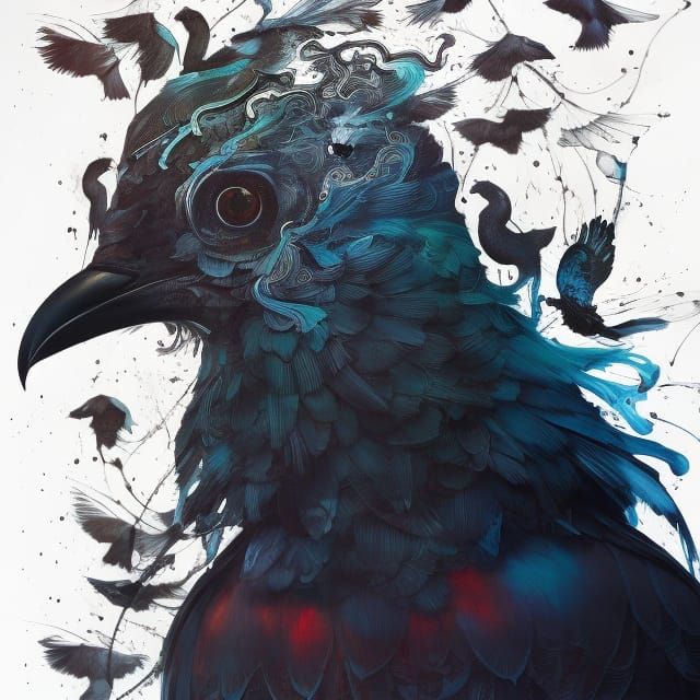 Crow and Dove Portrait in Detailed Ink Flow