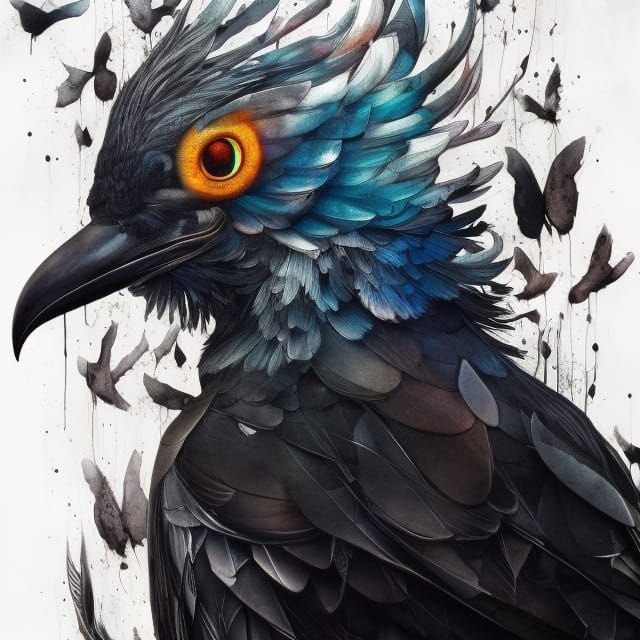 Crow and Dove Portrait in Detailed Gouache Style