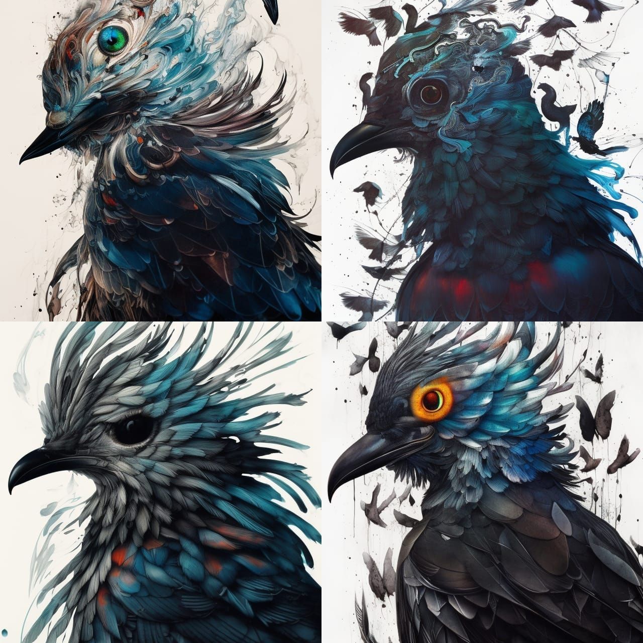 Crow and Dove Portrait in Gouache Style