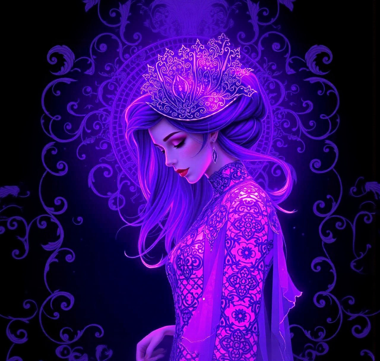 Ethereal Bioluminescent Maiden with Purple Filigree Designs
