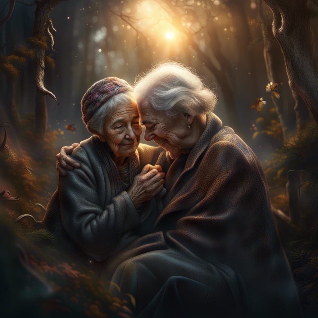 Grandma's Mystical Embrace: Detailed Digital Illustration