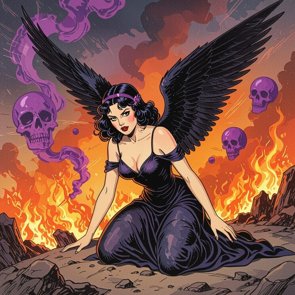 Goth Angel in Retro Watercolor Style