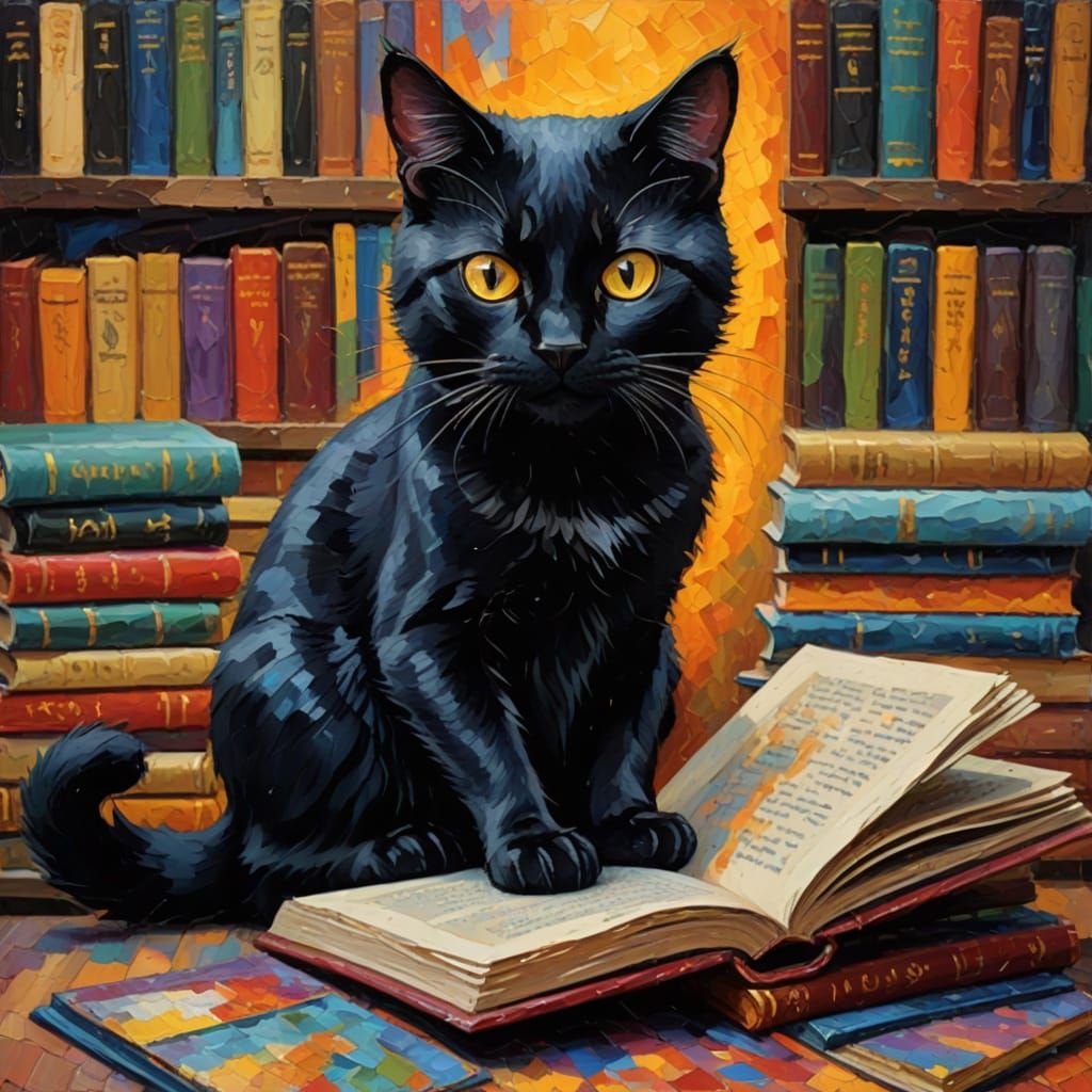 Mystical Feline Scholar in Neo-Impressionist Oil