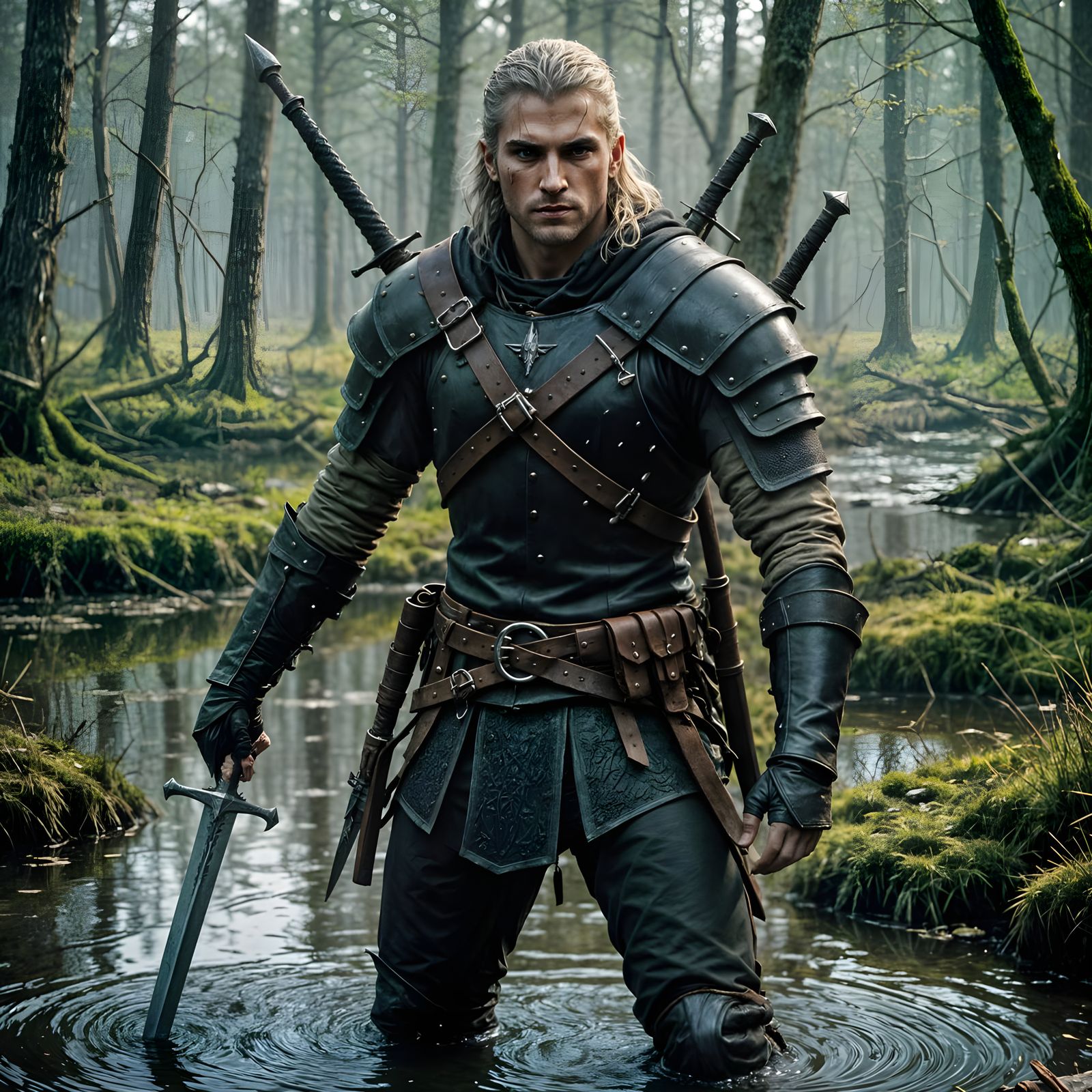 Sword-Wielding Witcher in Muddy Swamp