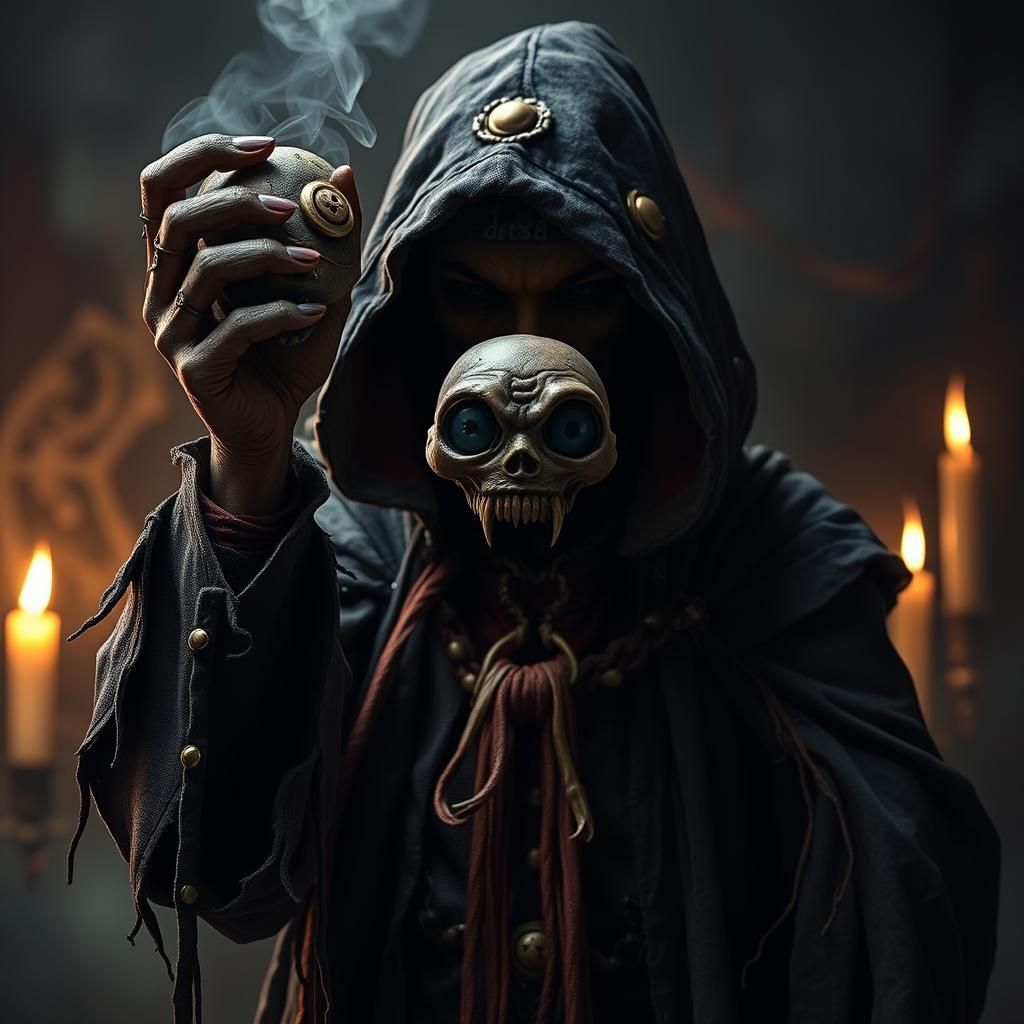 Voodoo Master with Shrunken Head in Gothic Style