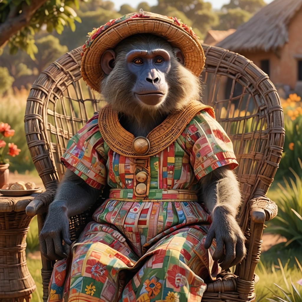 Vintage Baboon in South African Landscape: Pixar Style