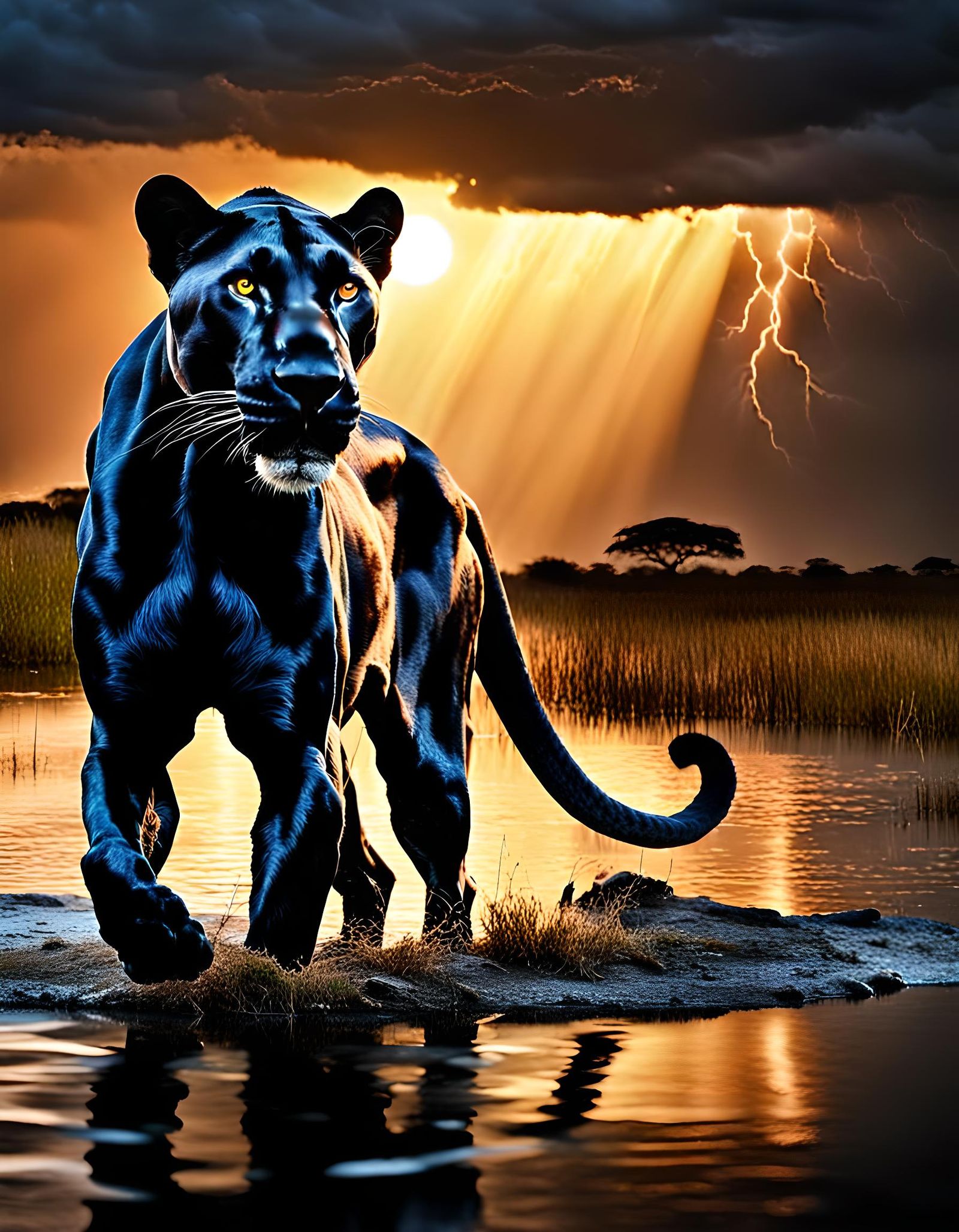 Black Panther Portrait in Thunderstorm at Sunset