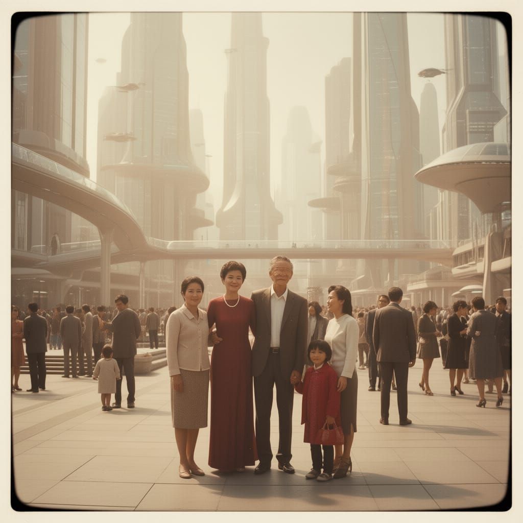 Futuristic Family Reunion in Vintage Polaroid Style