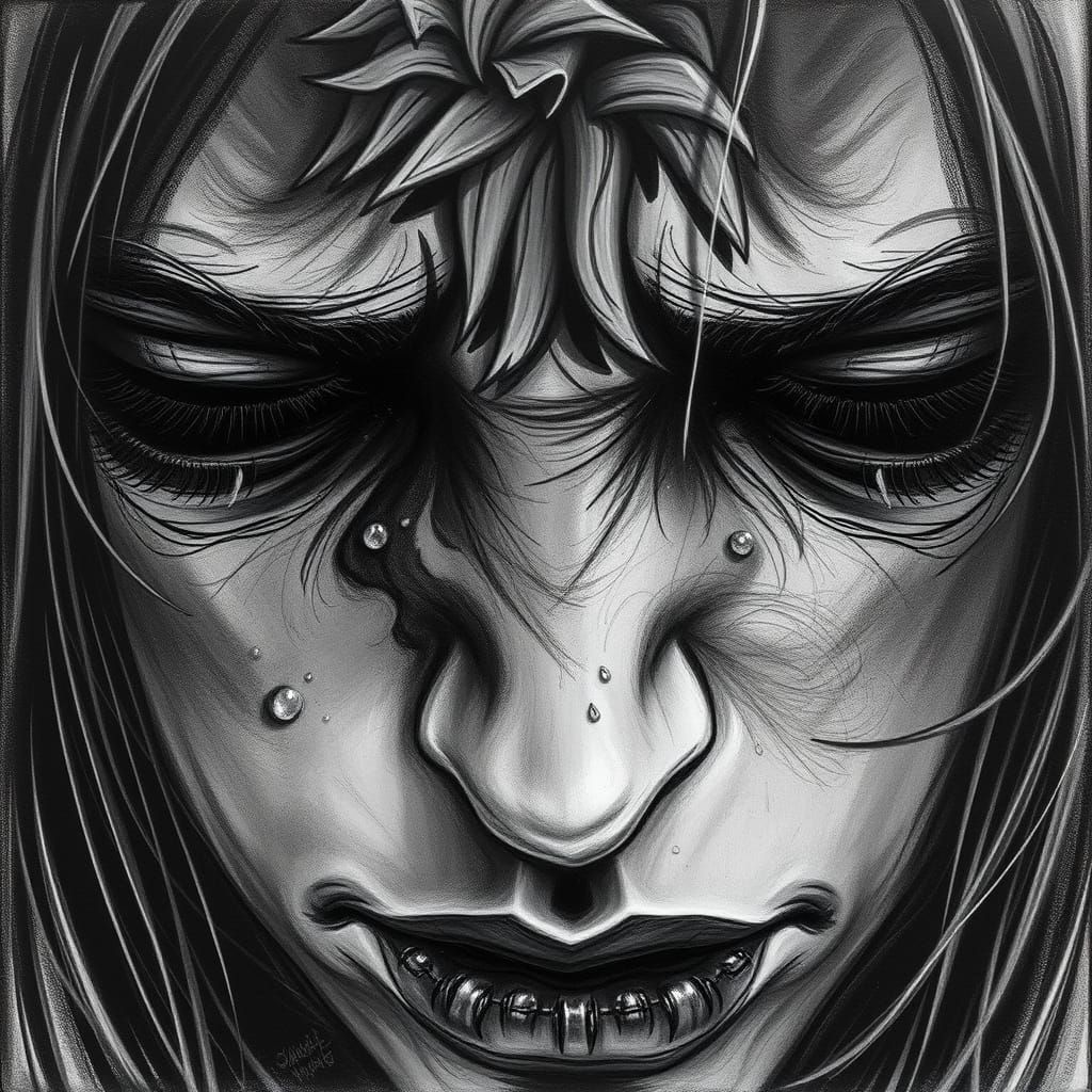 Eyes Overflowing with Sorrow in Charcoal