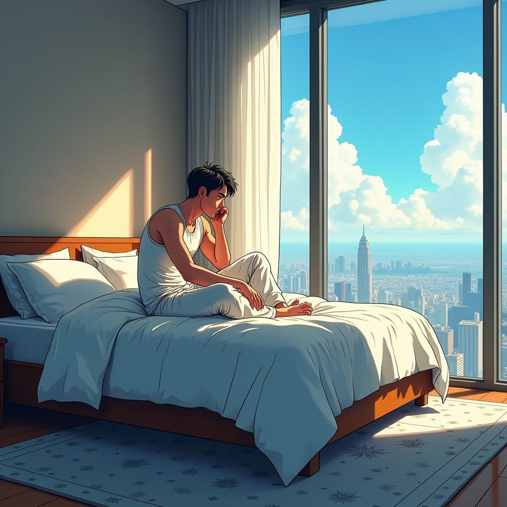 Anime Man on Bed Talking on Phone