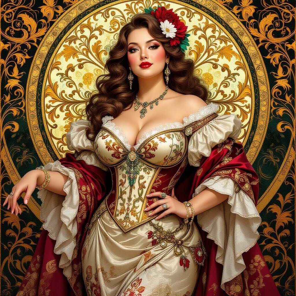 Baroque Woman in Lavish Attire, Art Nouveau Style