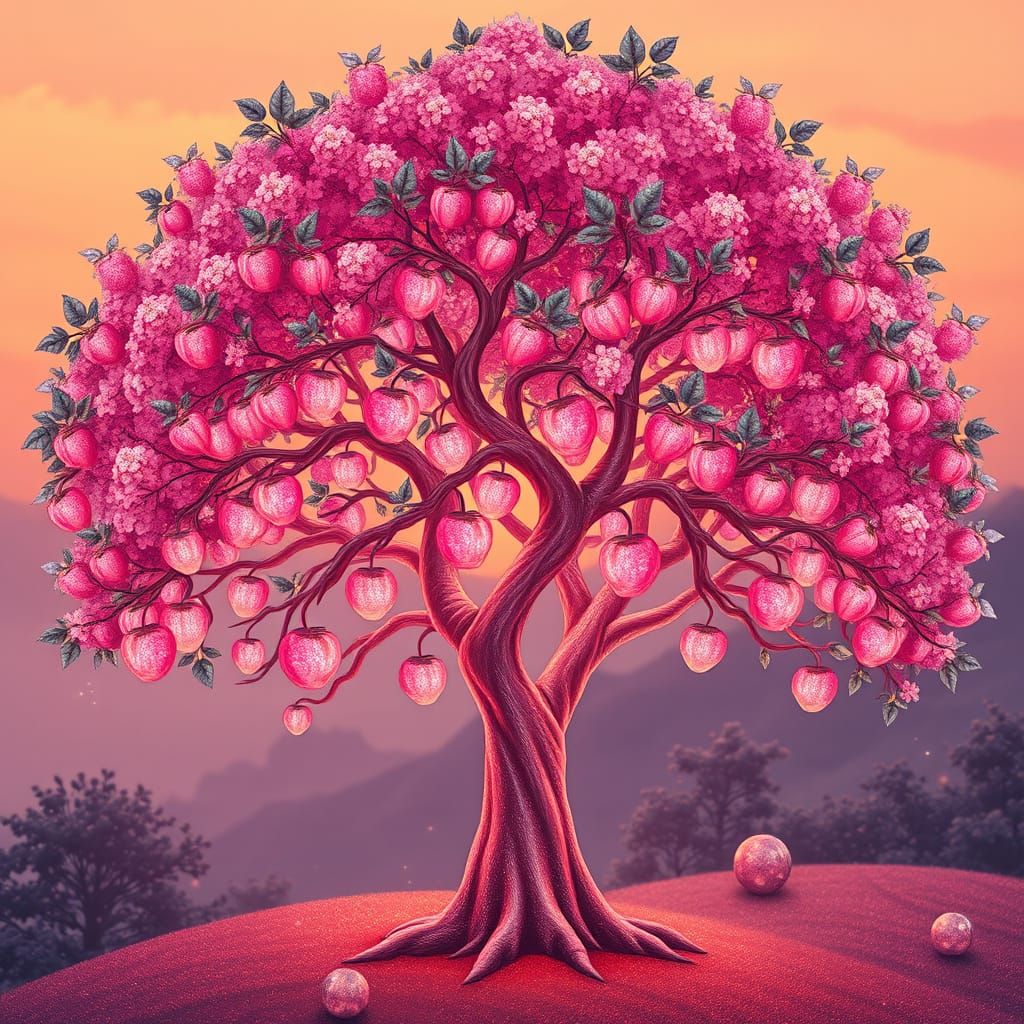 Whimsical Pink Magic Tree in Miyazaki-Inspired Style