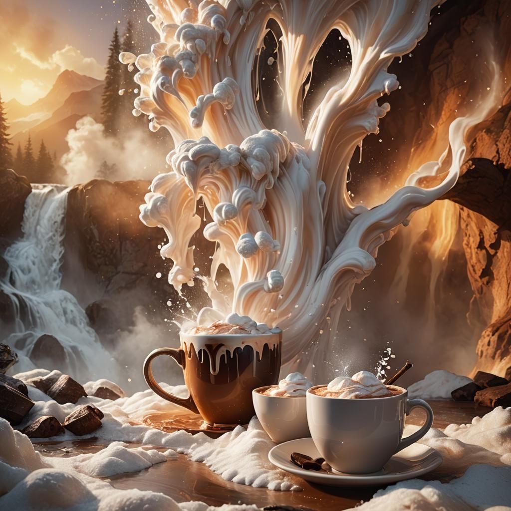 Hyperrealistic Hot Cocoa Waterfall in Golden Light