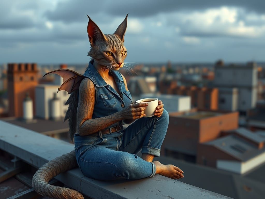Majestic Cat-Dragon in Blue Jeans on Rooftop Teatime