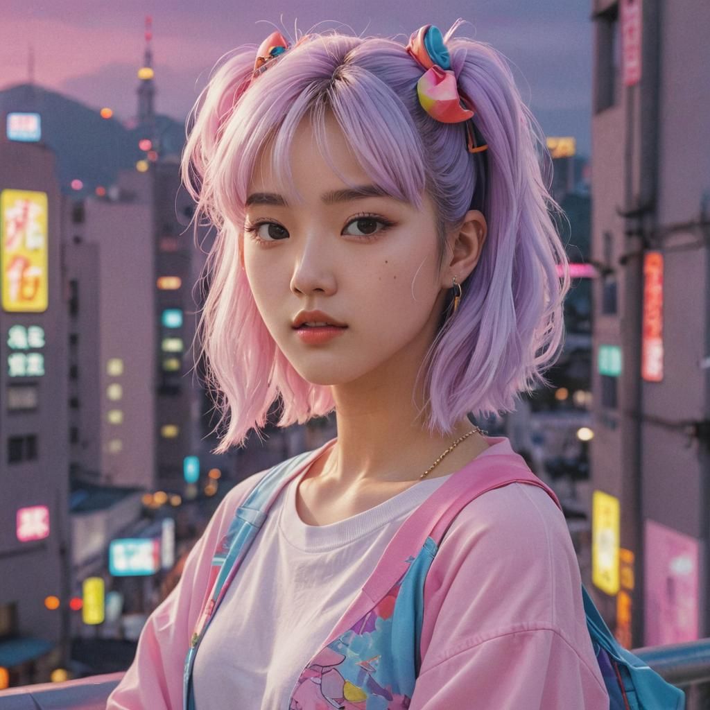 Korean Vaporwave Girl Anime Portrait in Manga Style