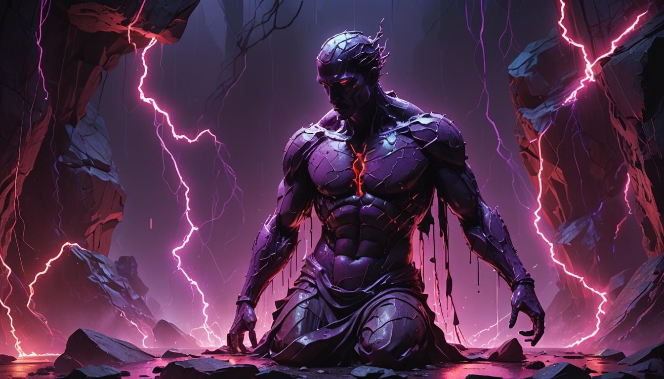 Cracked Stone Statue with Neon Aura in Cel-Shaded Style