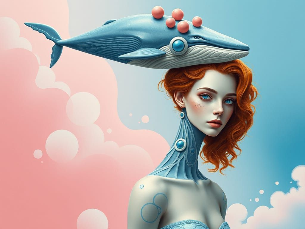 Ethereal Futuristic Woman Carried by Sky Whale