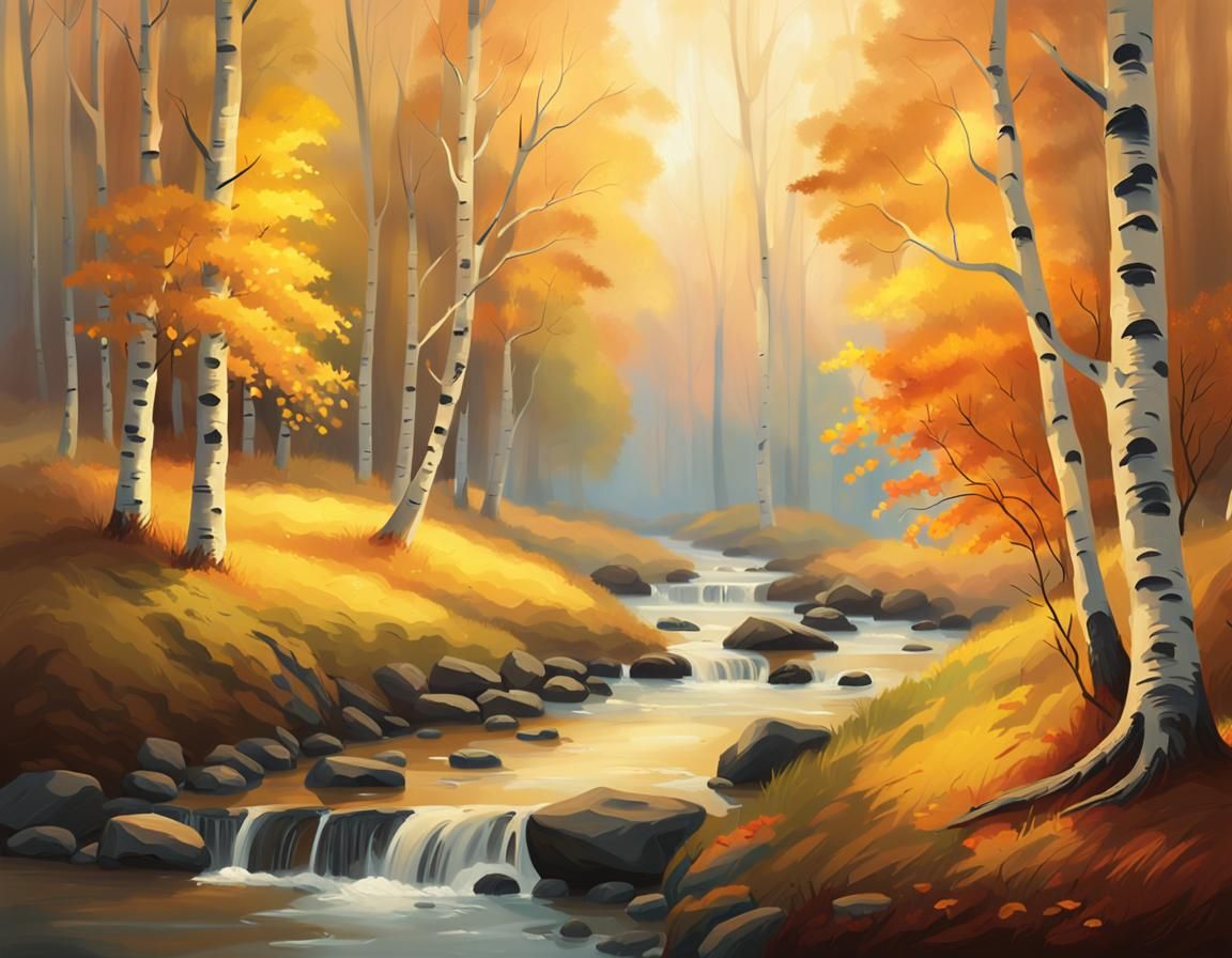 Autumnal Birch Forest: Stream in Misty Meadow