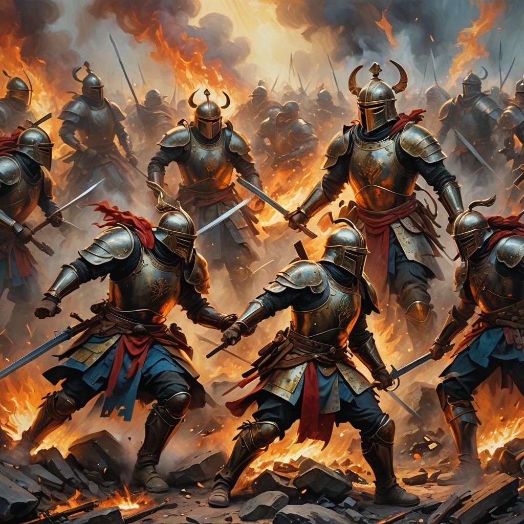 Epic Battlefield Clash: Vibrant Oil Painting