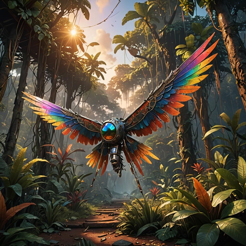 Rainbow Feathered Ornithopter in Jungle Sunset