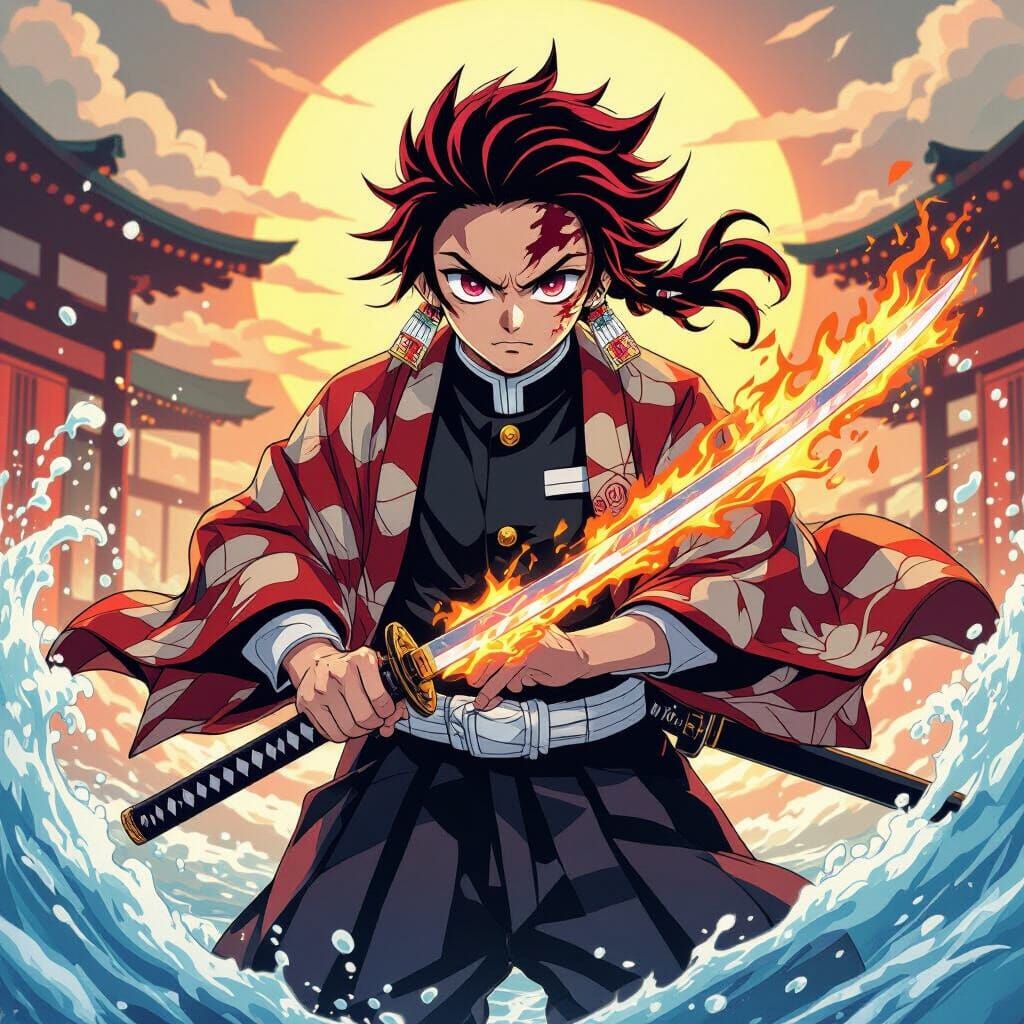 Anime Warrior with Fire and Water Katana