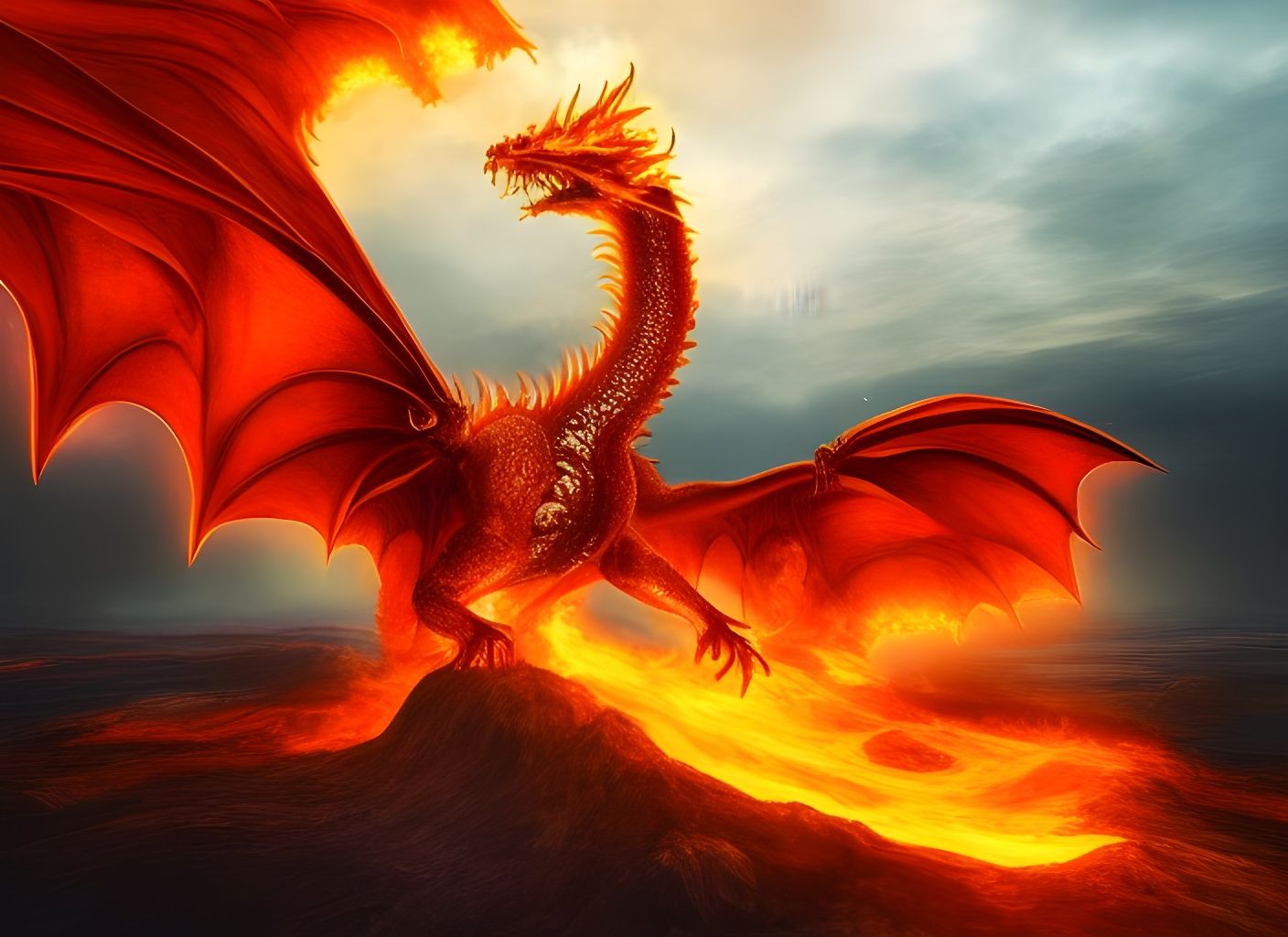 Fire dragon leaving a volcano