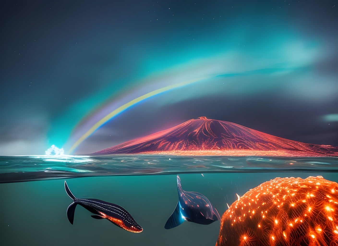 Underwater Volcano Eruption with Bioluminescent Creatures