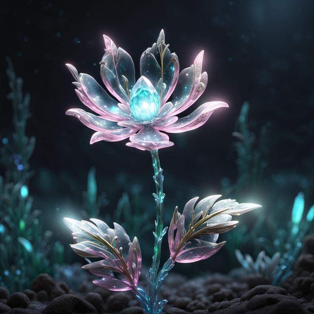 Bioluminescent Crystal Flower in Moonlight, Digital Art