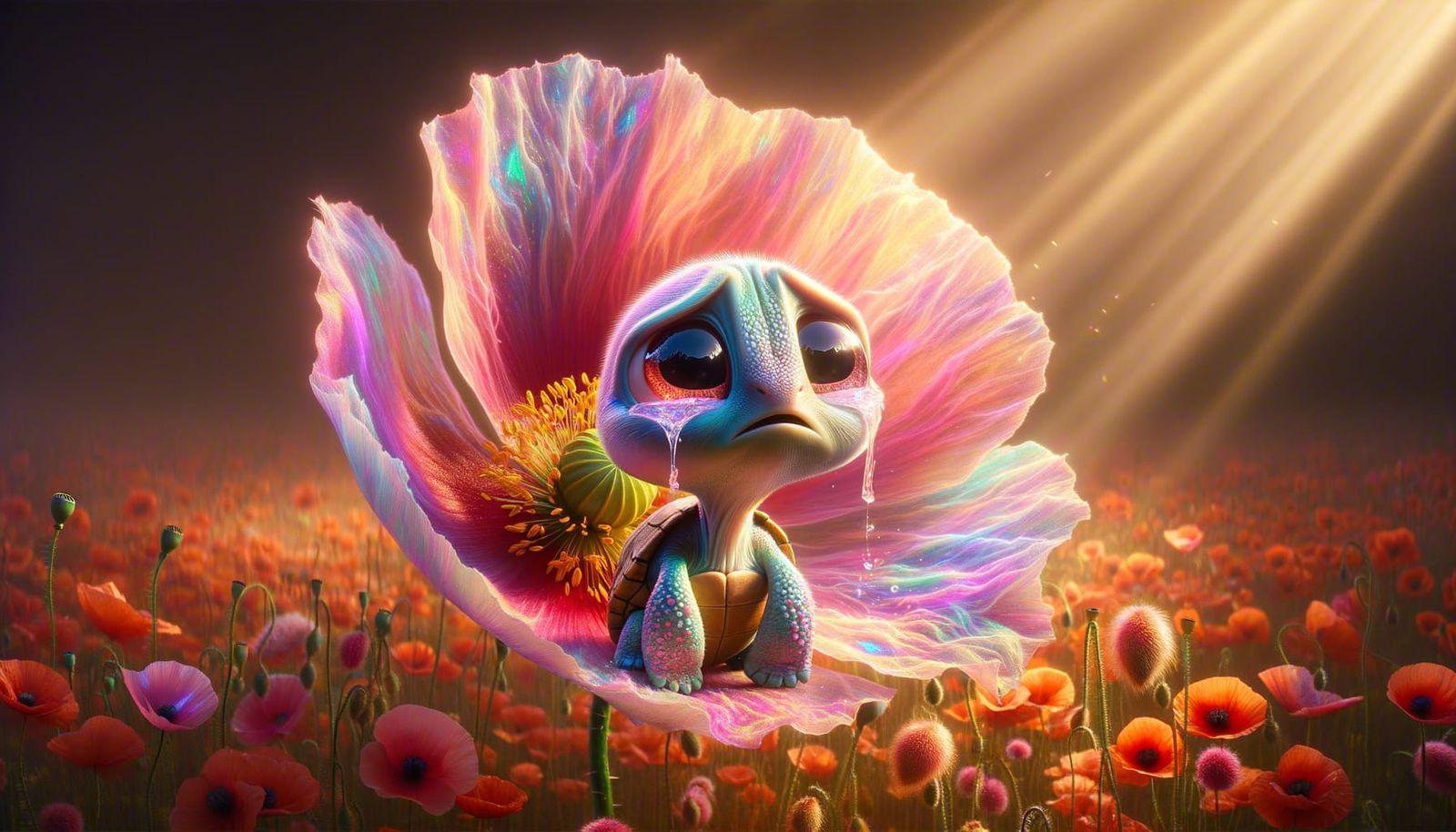 Adorable Sad Baby Turtle with Iridescent Flowers