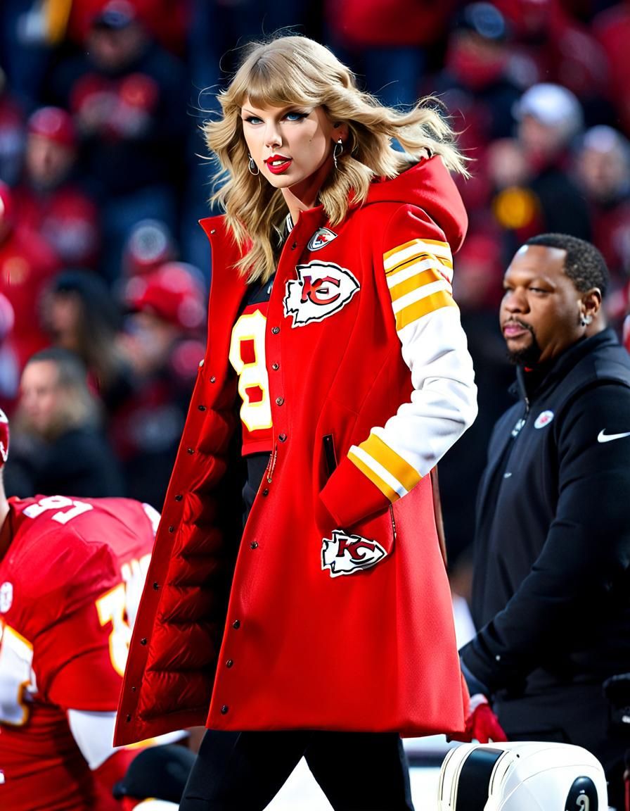 Taylor Swift wearing a Kansas City Chiefs winter coat with the number "87"