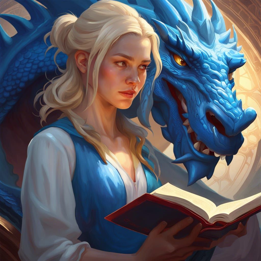 Blonde girl reading magic book leaning against huge blue dragon head and shoulders portrait, 8k resolution concept art ...