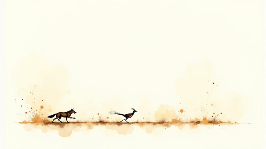 Coyote Chases Roadrunner in Watercolour
