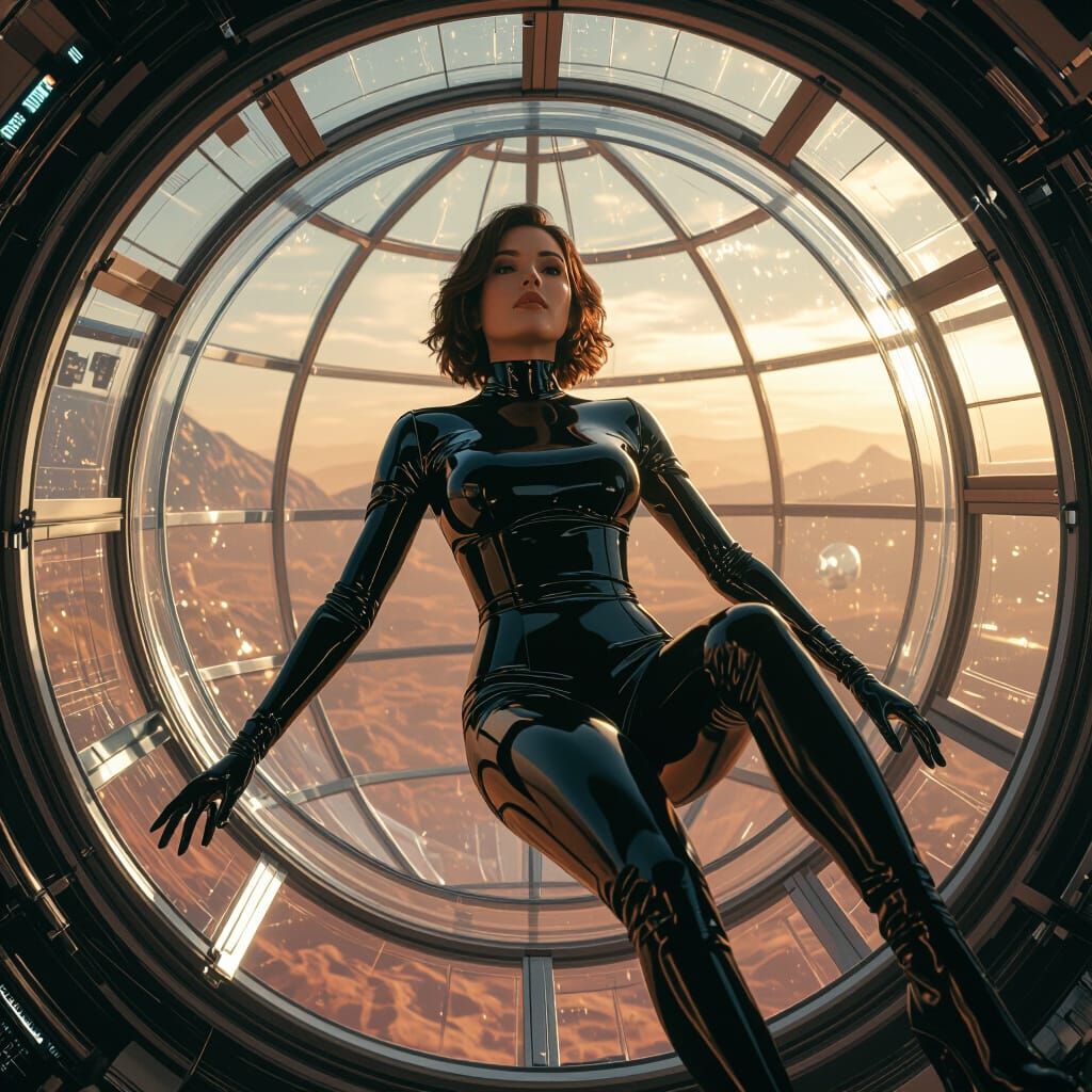 Woman in Latex Floats in Martian Space Station Greenhouse