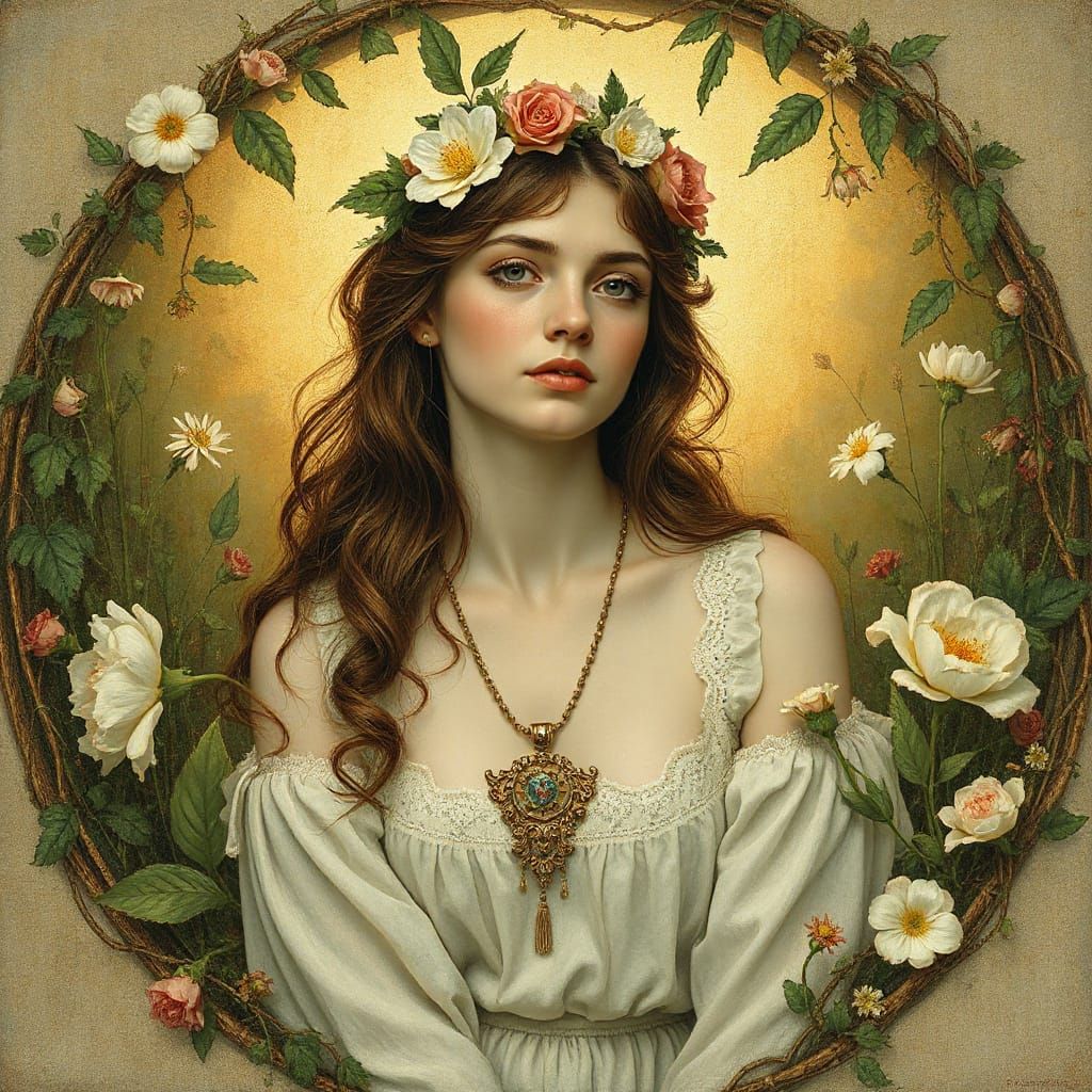 Ethereal Woman in Floral Crown, Pre-Raphaelite Style Paintin...