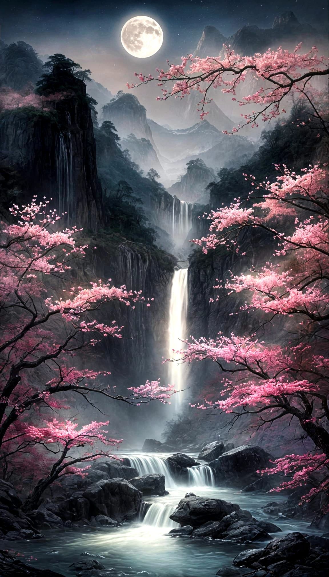Serene Waterfall Under Crescent Moon in Traditional Chinese ...