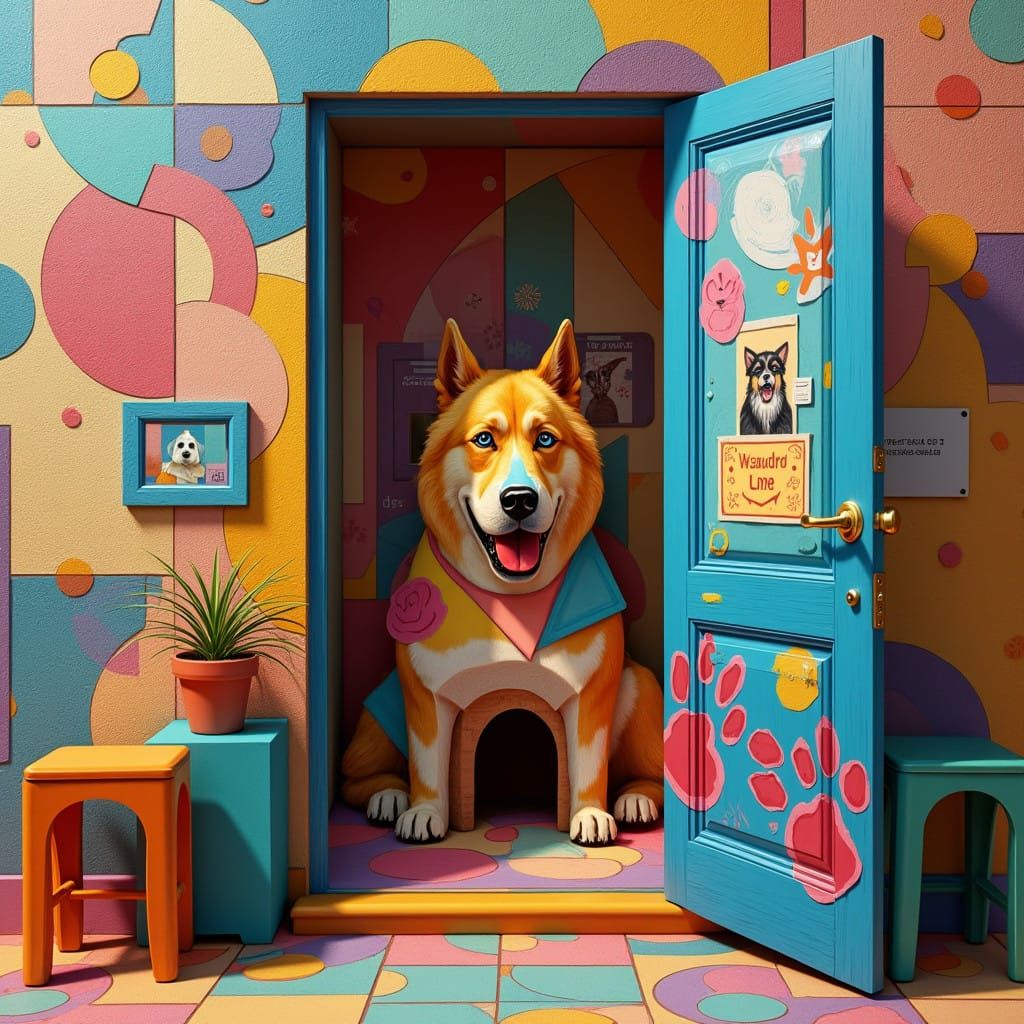 Neo-Cubist Classroom Door Transformed into Vibrant Doghouse
