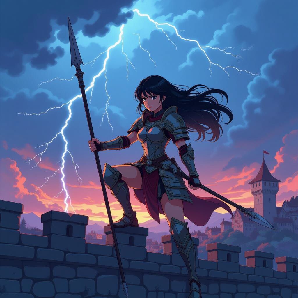 Anime Warrior Girl Gazing at Approaching Storm