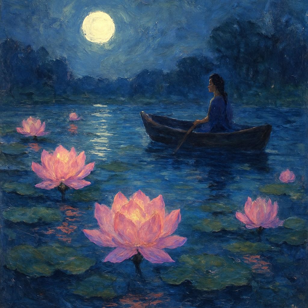 Glowing Pink Lotus Pond in Impressionist Style