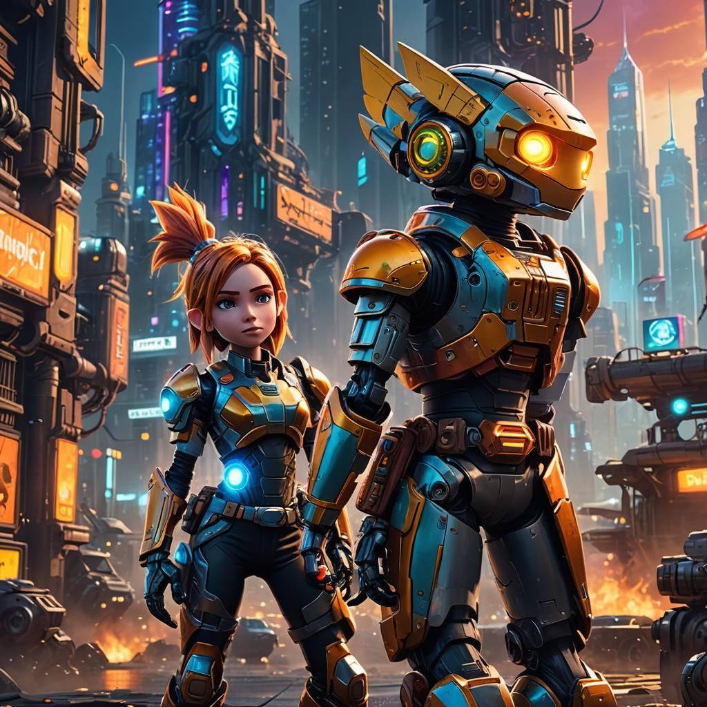 Rachet and Clank in a Futuristic Cityscape