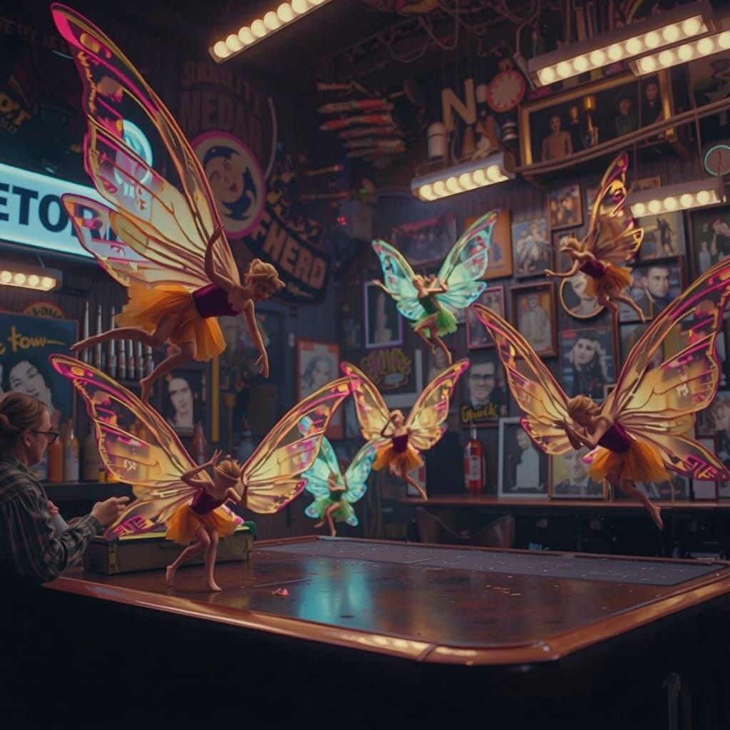 Mystical Night Bar Scene with Faeries and Neon Colors
