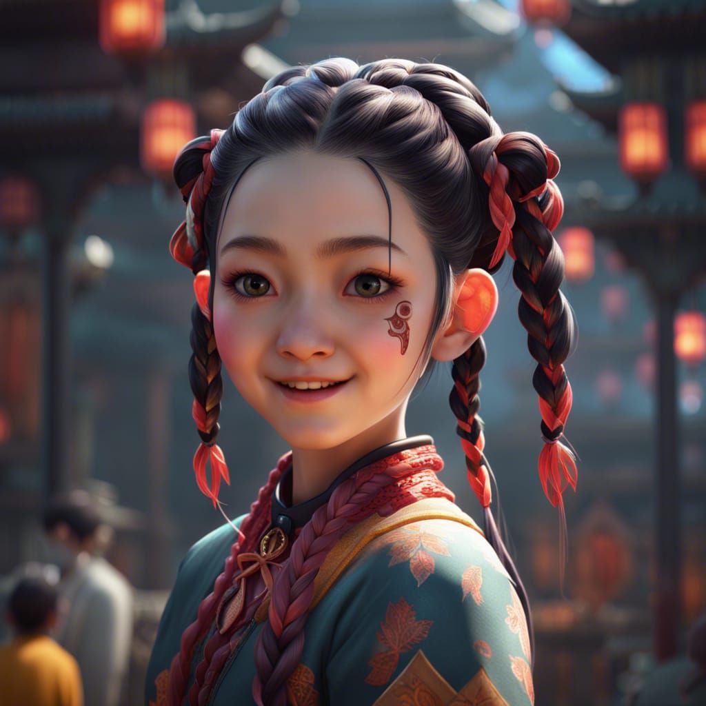 Smiling Girl with Braids: Fantasy Concept Art
